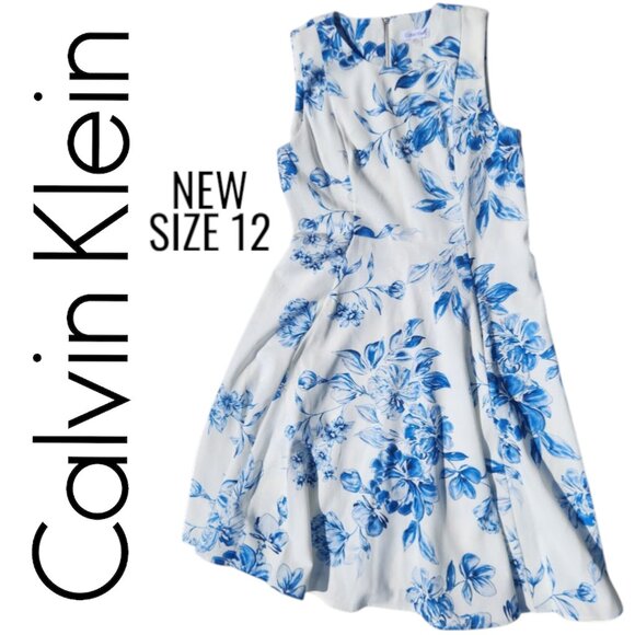 NEW Calvin Klein Size 12 Dress Women's Sleeveless Floral Fit and Flare A-Line Sl - Picture 1 of 16